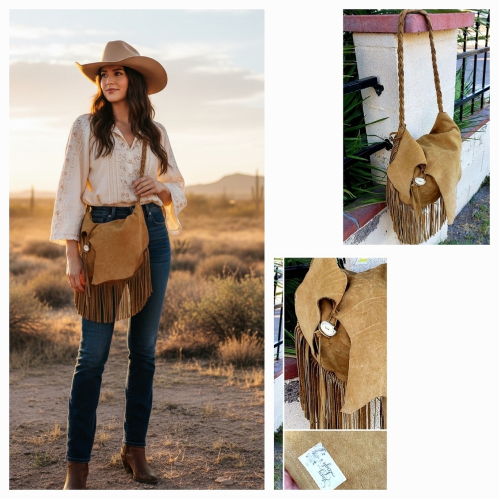 Rustic Leather Long Fringe Bag‎ in Mustard Brown by Stacy Leigh